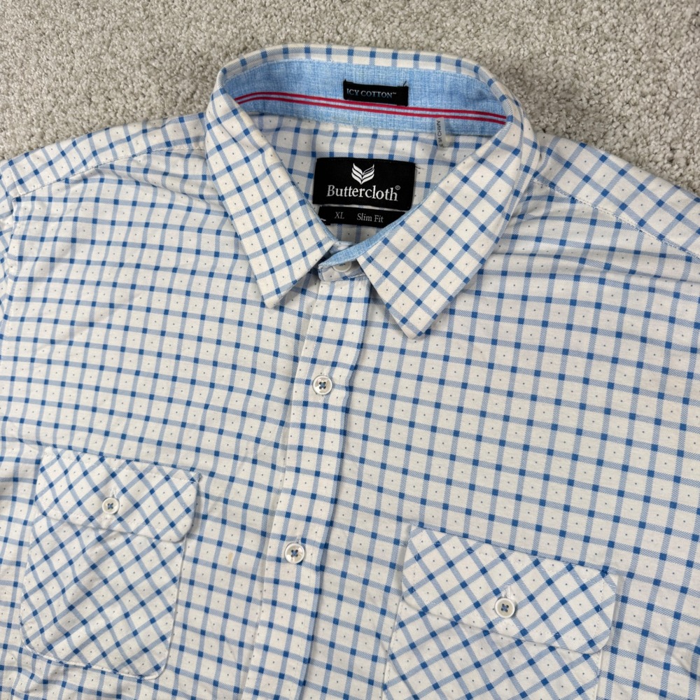 Buttercloth Button Down Mens XL White Blue Icy Cotton Slim Short Sleeve Shirt